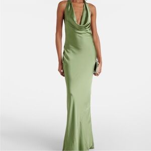 Norma Kamali Sage Green Draped Satin Cowl Black Tie Wedding Guest Gown Size XS